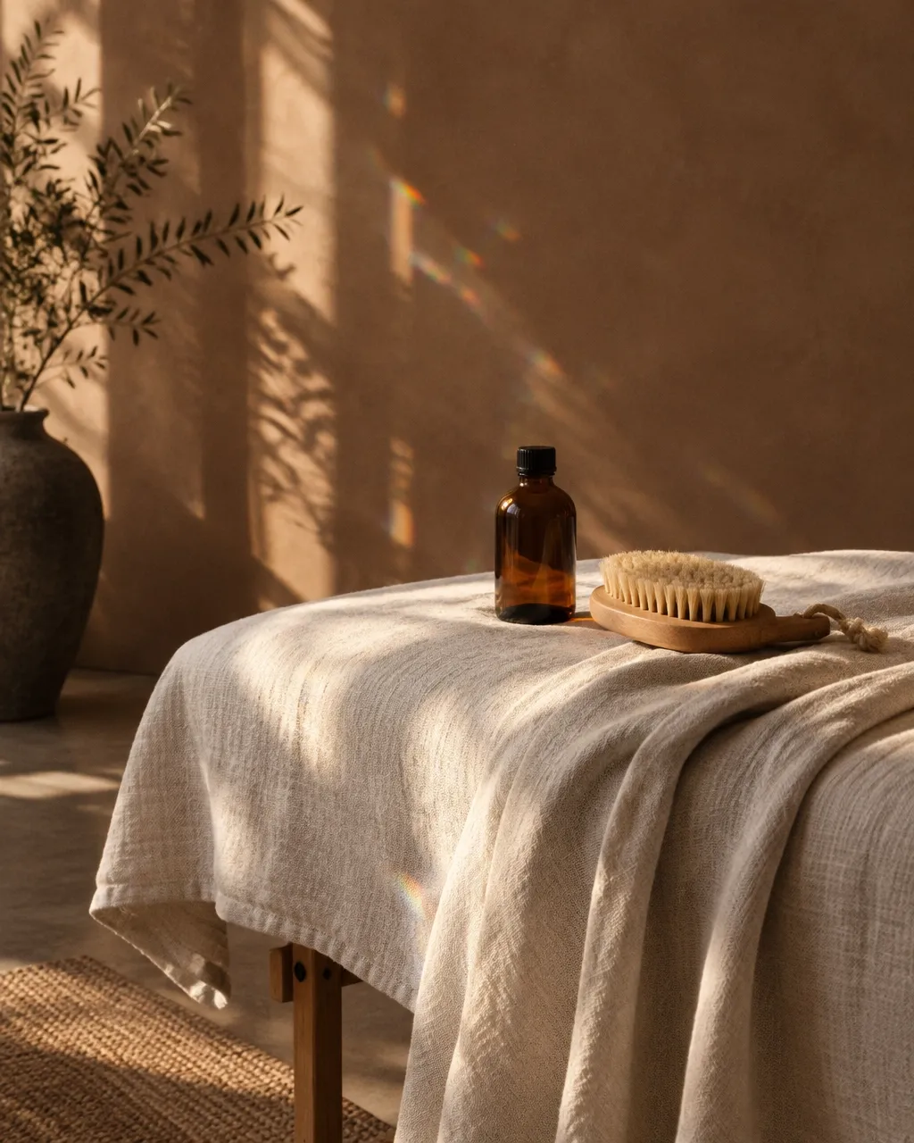 Warm editorial still life of linen, an amber bottle, and a natural dry brush in afternoon light