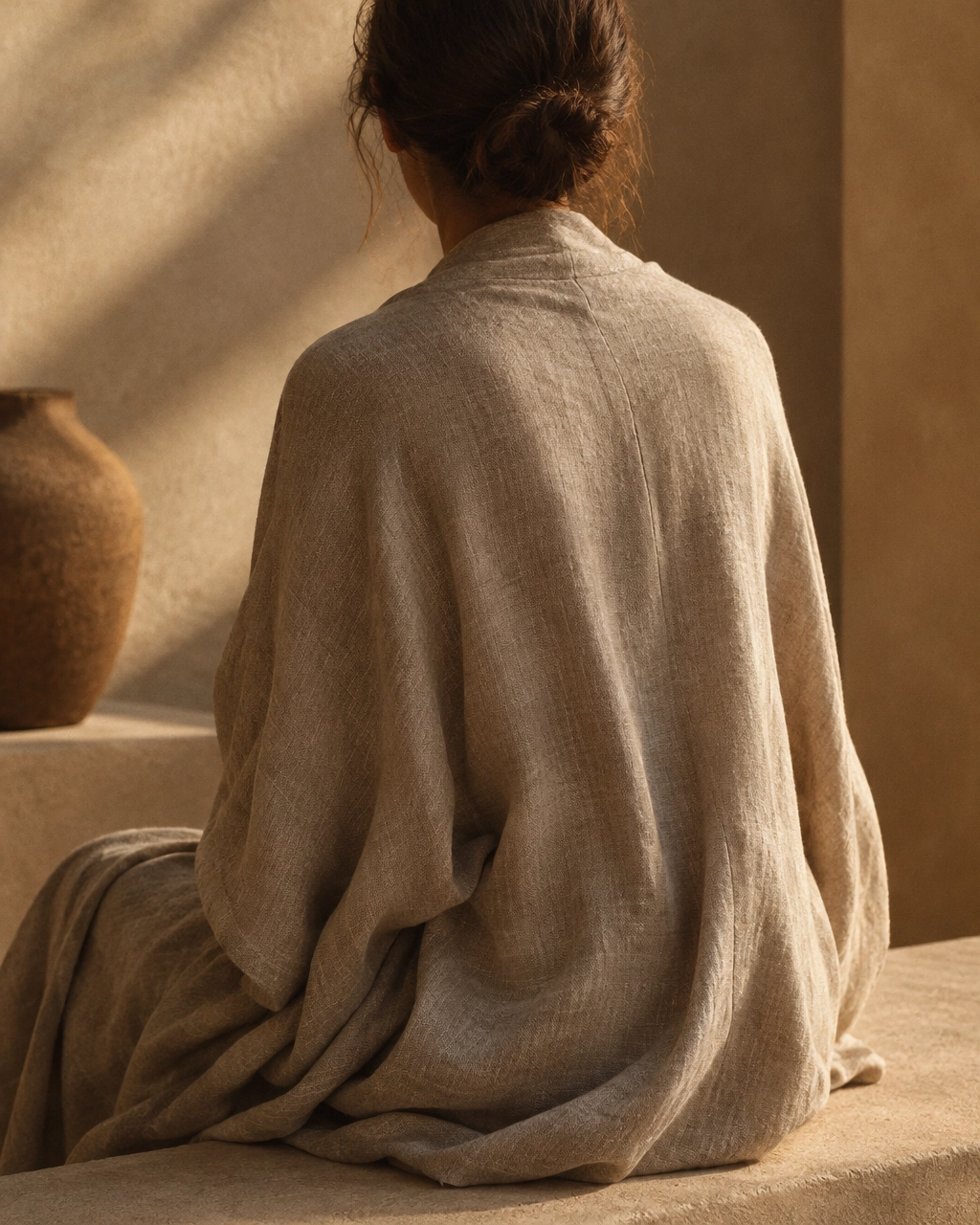 Editorial wellness photograph of a person seated from behind, wrapped in natural linen, lit by warm directional light